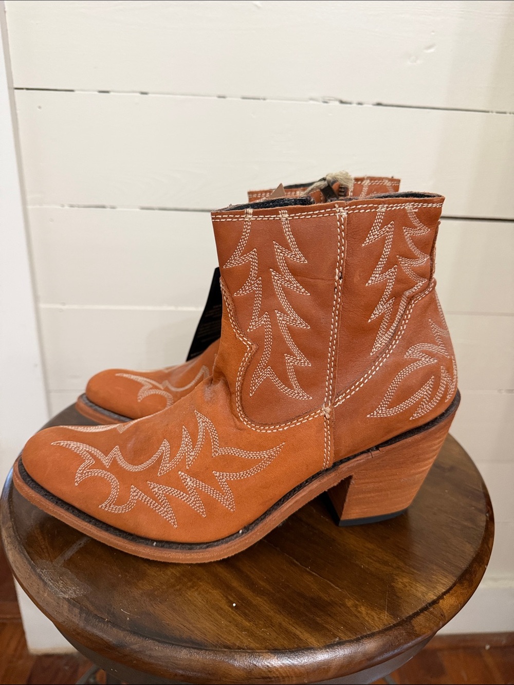LIBERTY Black Tan Western Ankle Boots with White Stitching
